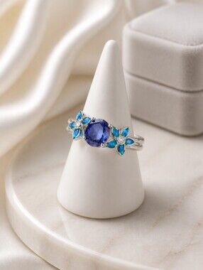 925 Sterling Silver Tanzanite Center Stone Flower Blue Lab Opal Ring Size 8 New